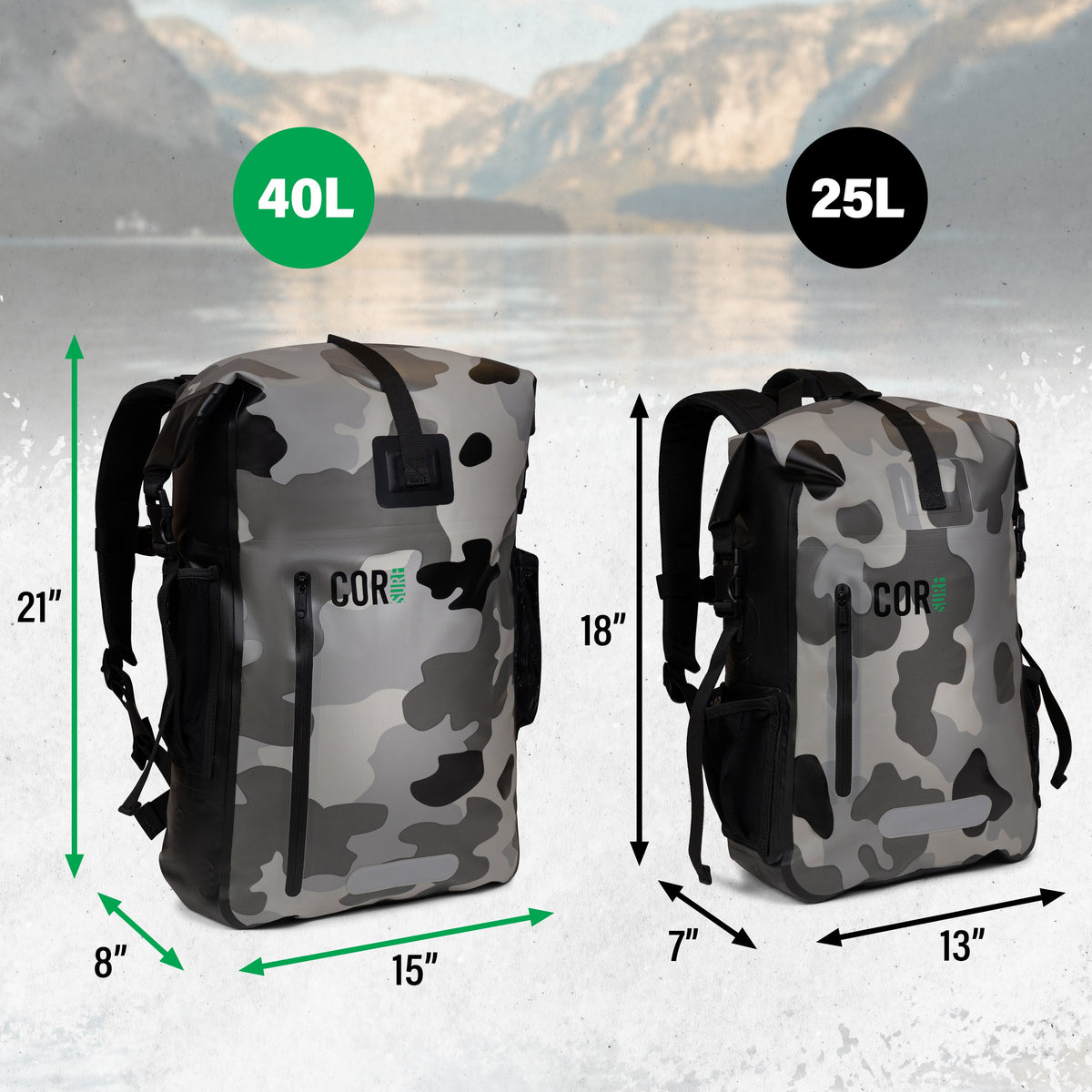 40L camouflage waterproof dry bag backpack with roll-top closure and front vertical zipper pocket