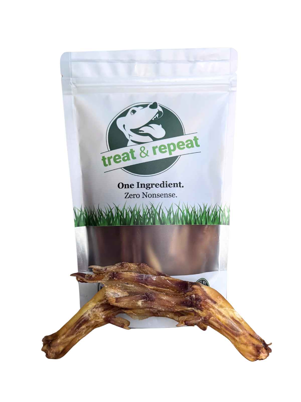 Duck feet dog treats in resealable pouch with several dried duck feet