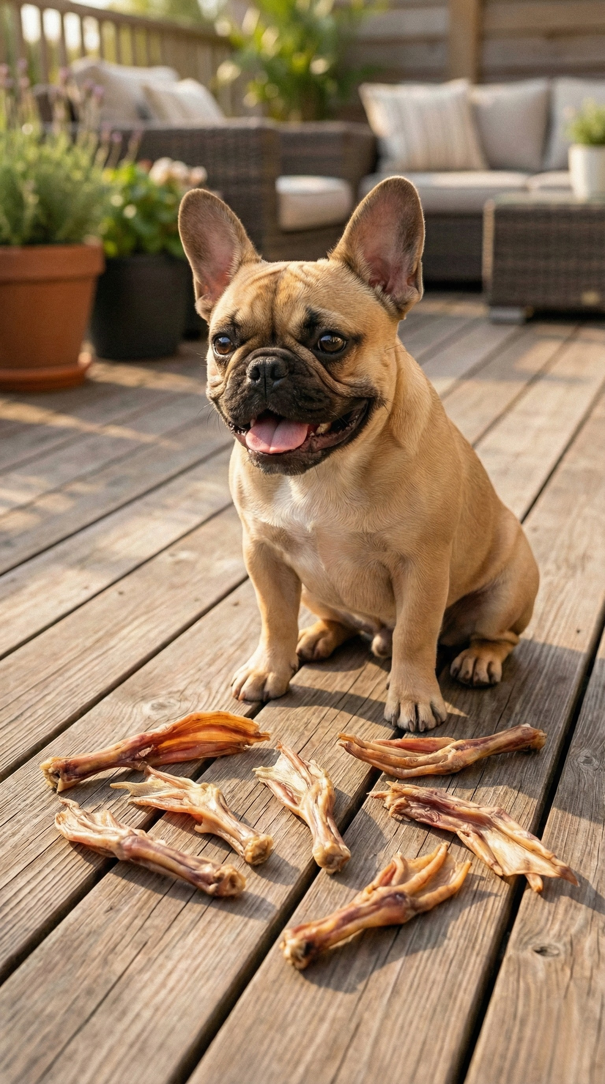 Duck feet dog treats with tan French bulldog sitting beside dried feet on wooden deck