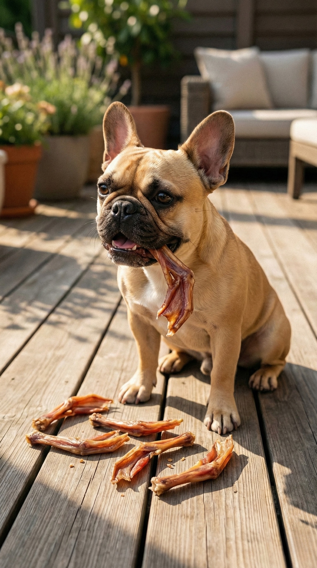 Duck feet dog treats with a tan French bulldog and dried duck feet on deck