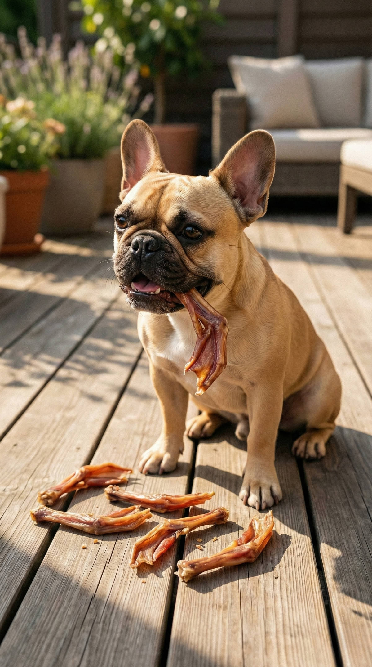 Duck feet dog treats with a tan French bulldog and dried duck feet on deck