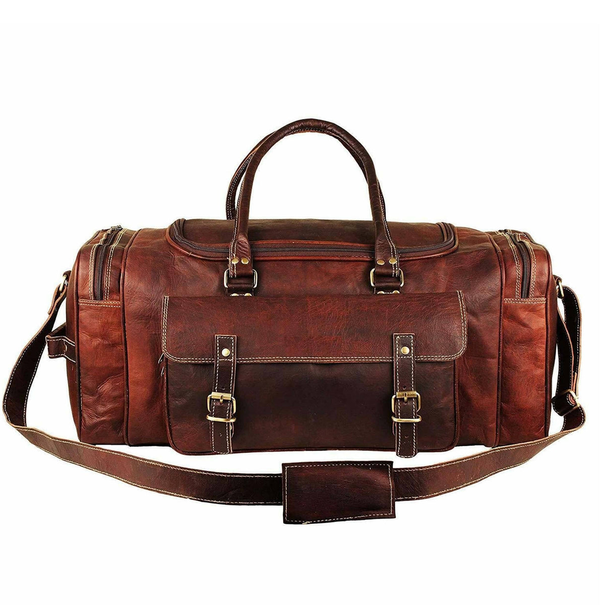 Brown leather weekender duffle with double buckled front pockets and shoulder strap