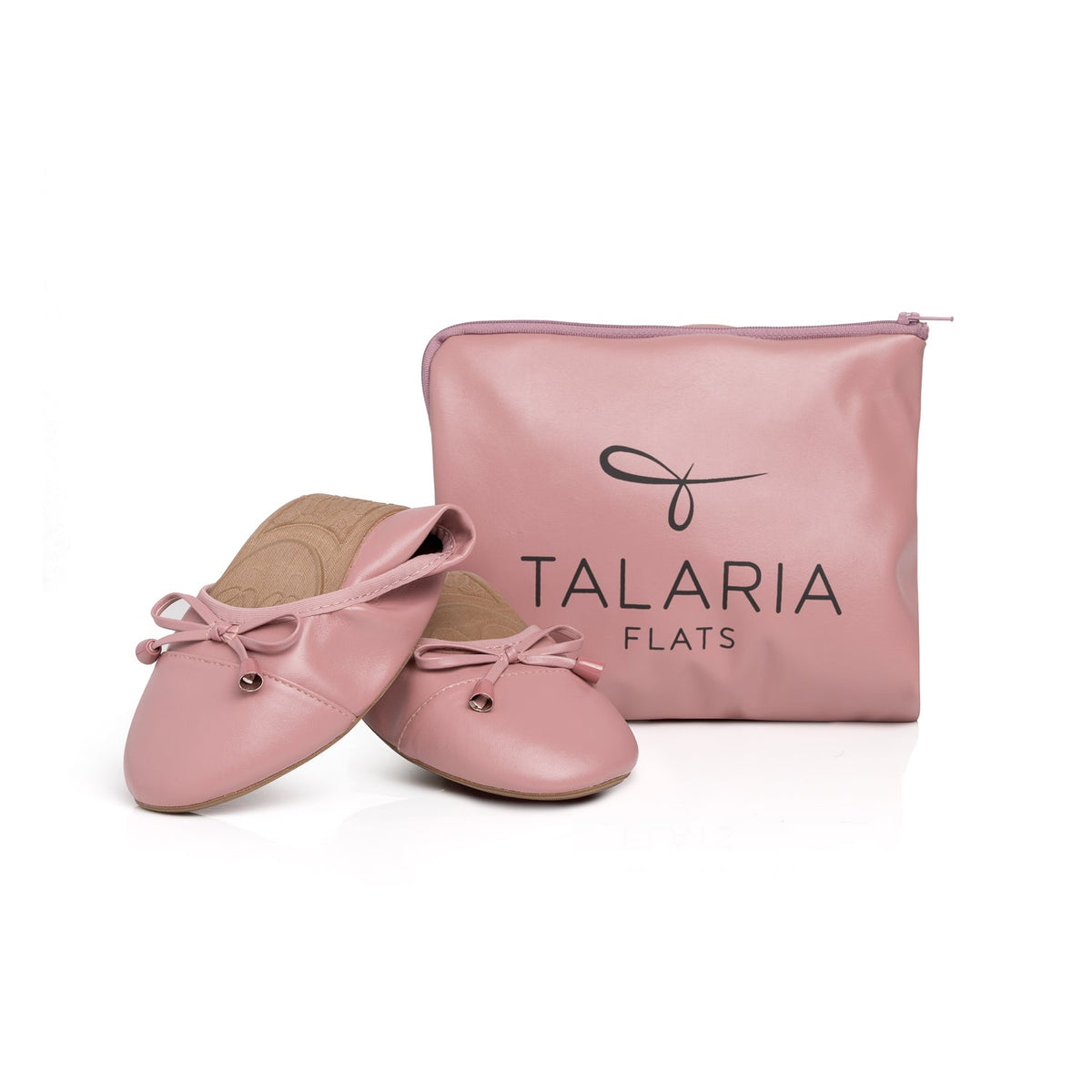 Dusty rose flats with bow ties, shown with matching dust bag