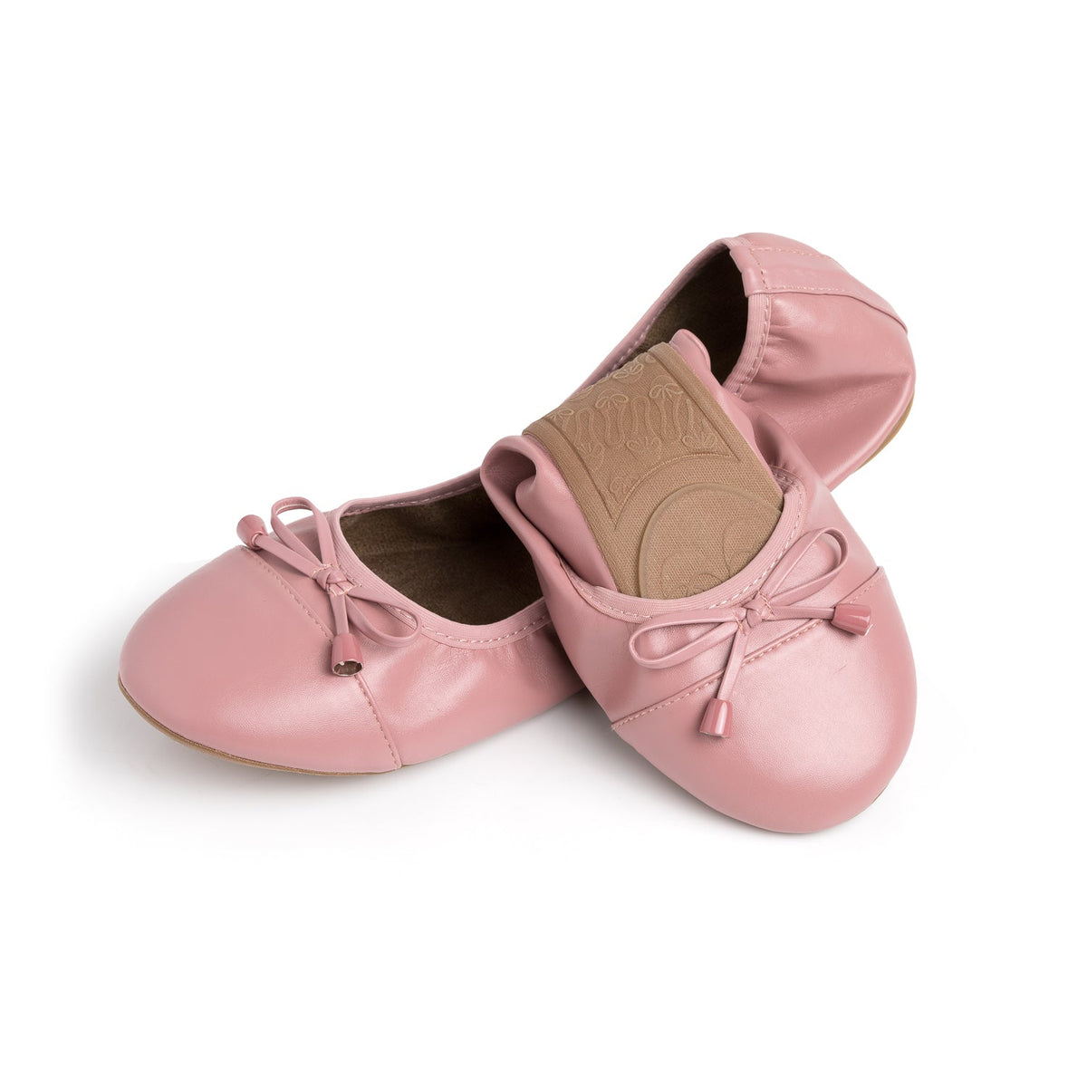 Dusty rose ballet flats with bow ties and cushioned insole, slip-on design
