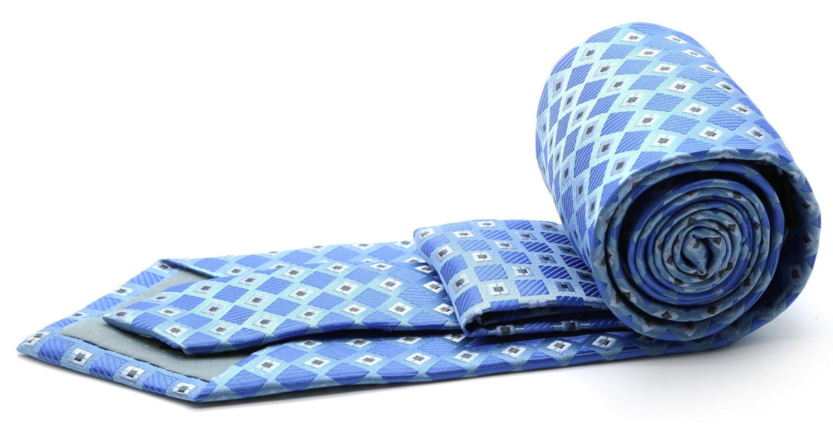 Royal blue checkered diamond tie with light blue and gray square motifs