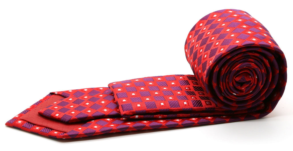 Red checkered diamond tie with small blue grid squares, rolled with folded end.