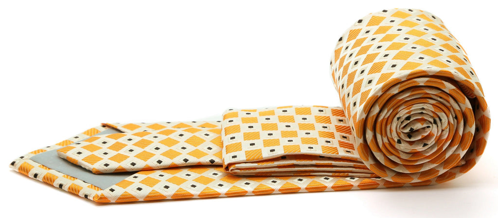 Blue-and-gold checkered diamond tie, neatly rolled with matching texture pattern.