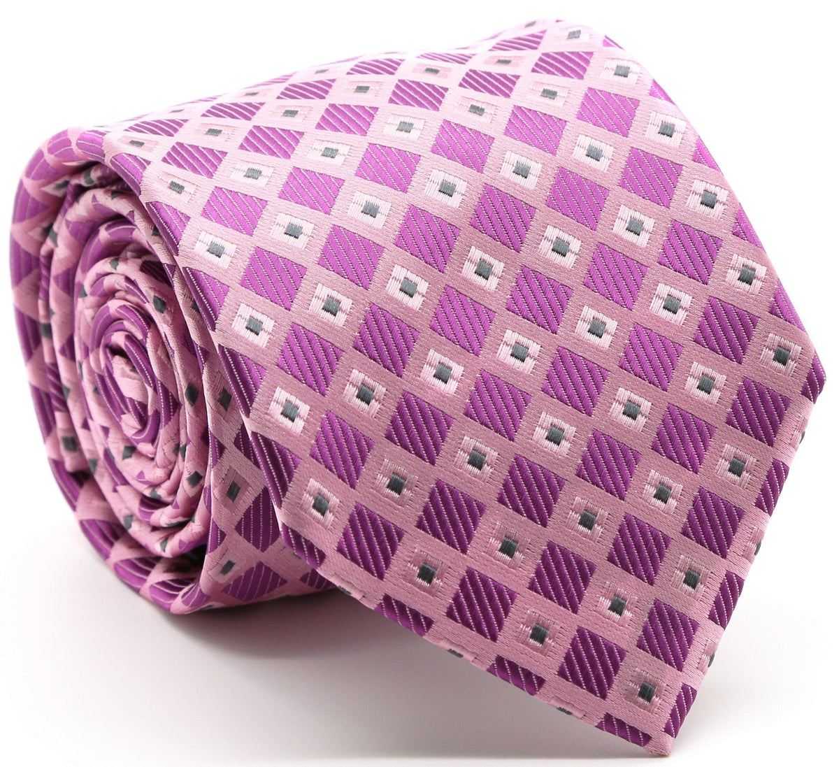 Purple checkered diamond tie with gray and pale pink square motifs