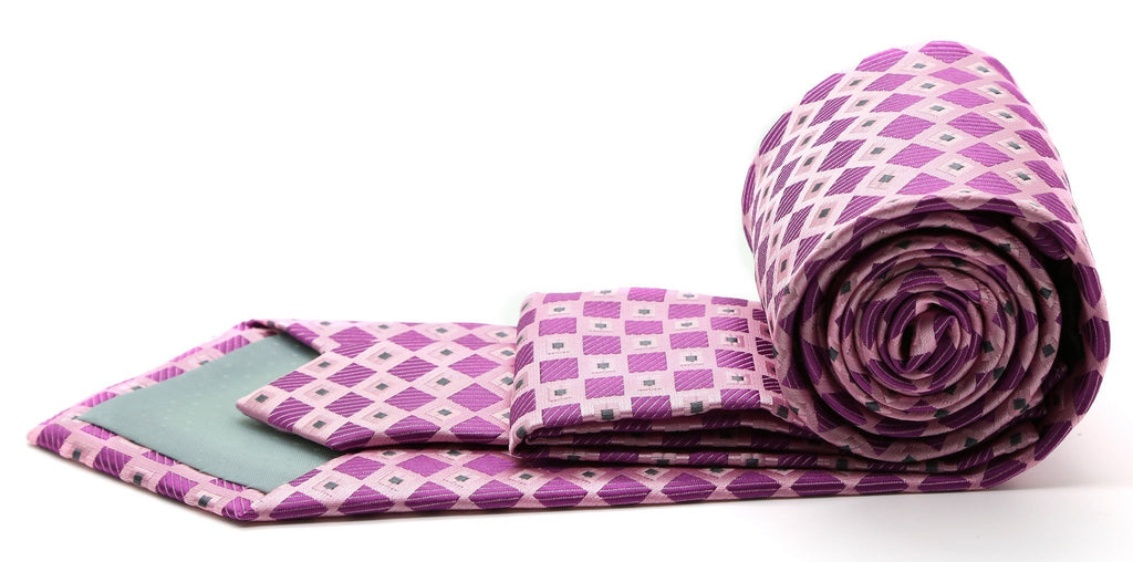 Purple checkered diamond tie with small light squares, rolled with folded end.