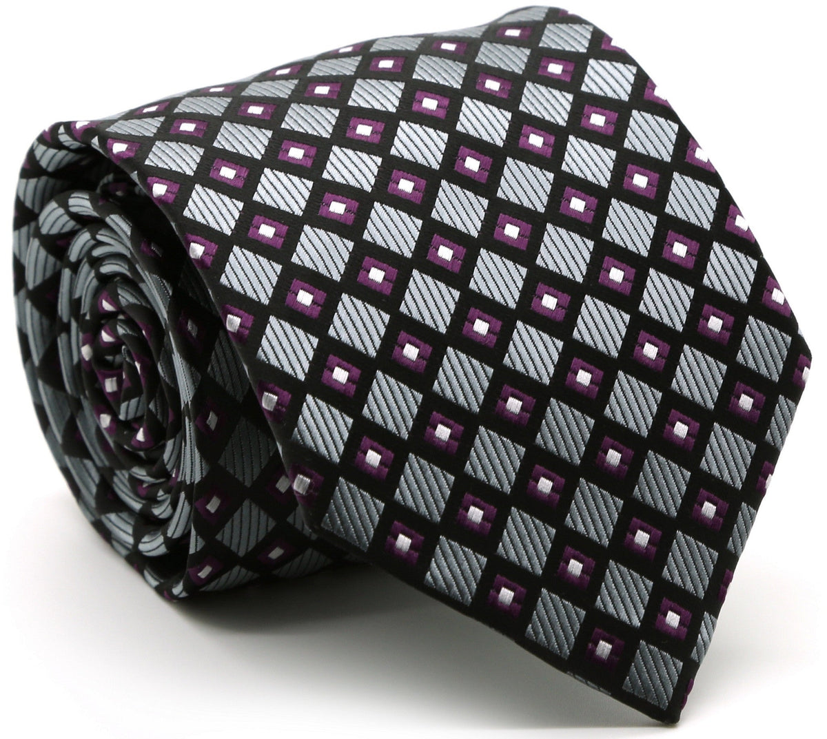 Black checkered diamond tie with pink and gray square motifs