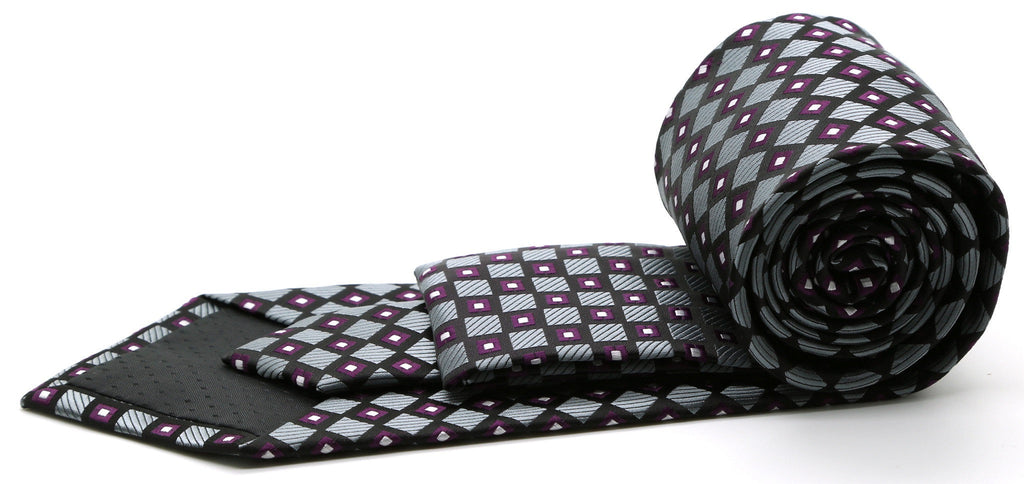 Black checkered diamond tie with pink and white square pattern, rolled.