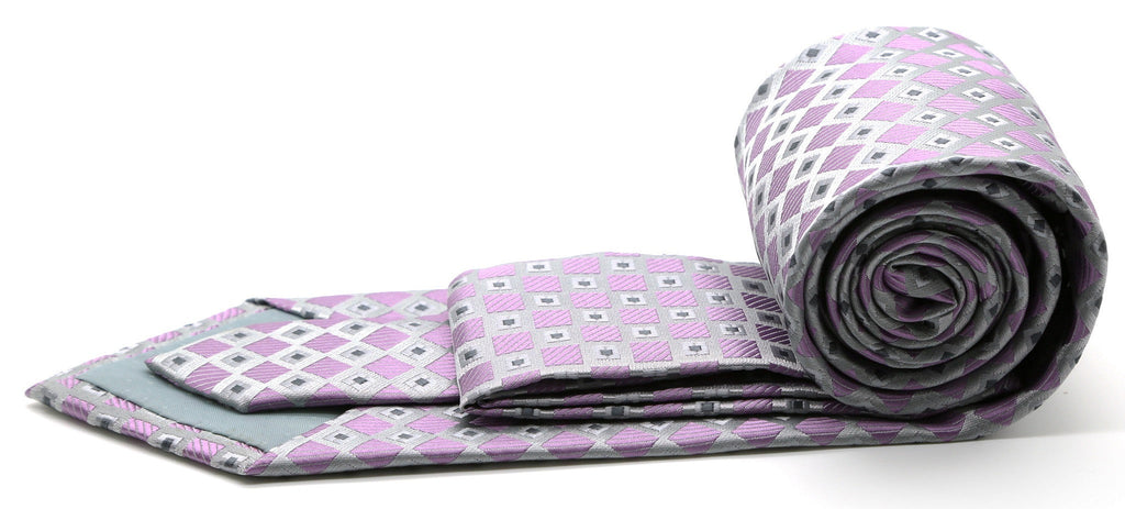 Light purple checkered diamond tie with small darker squares, rolled with fold.