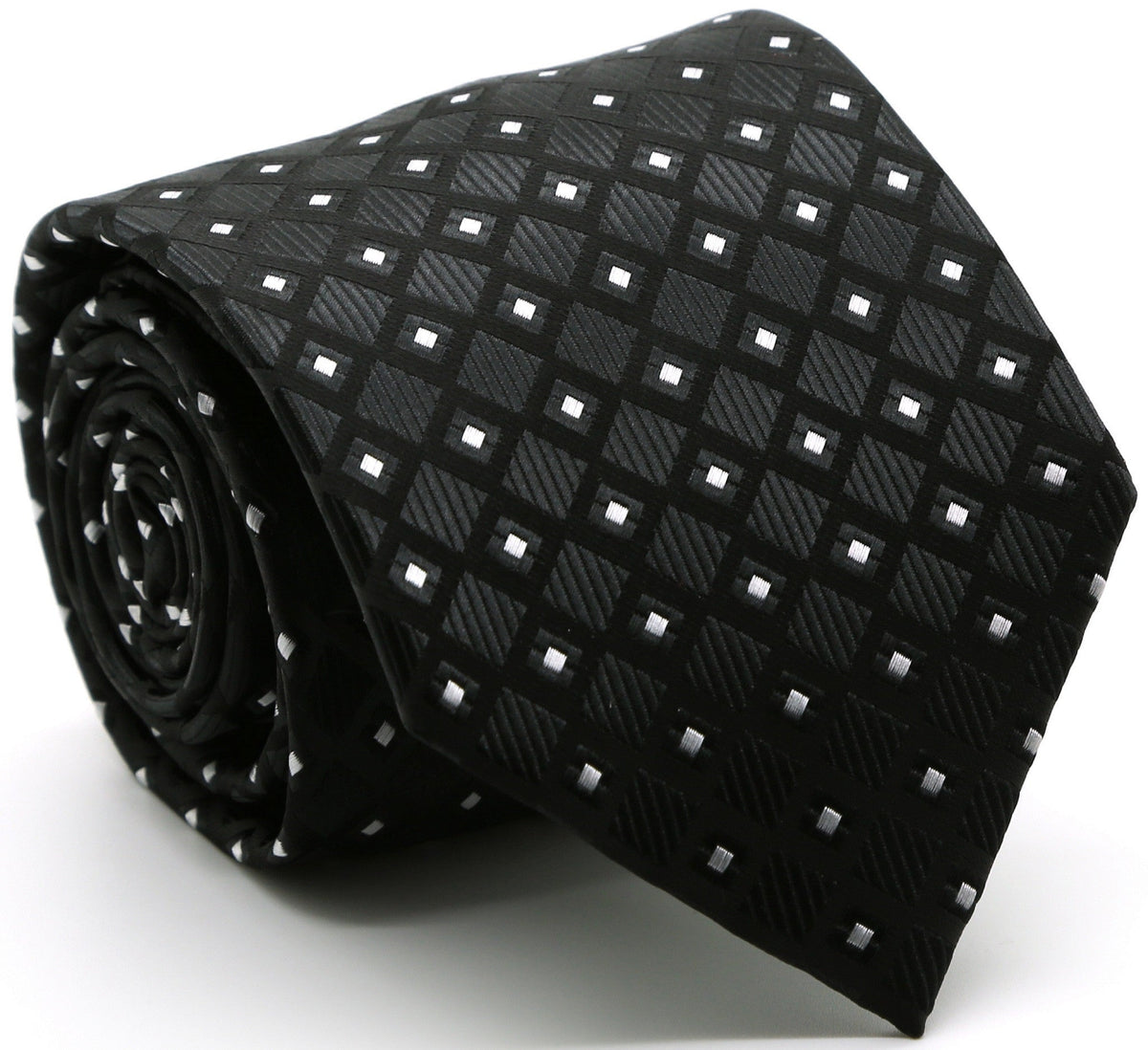 Black checkered diamond tie with small white squares, rolled up for display.