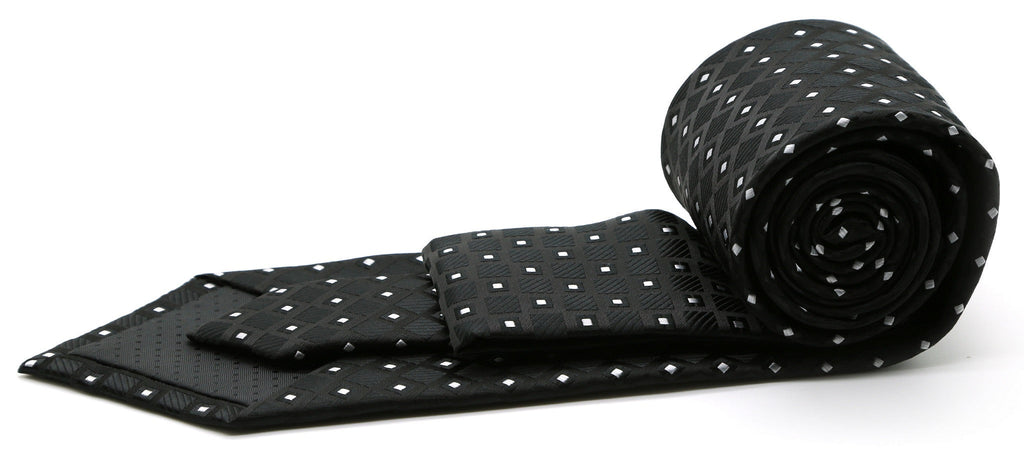 Black checkered diamond tie with small light square pattern, rolled and folded.