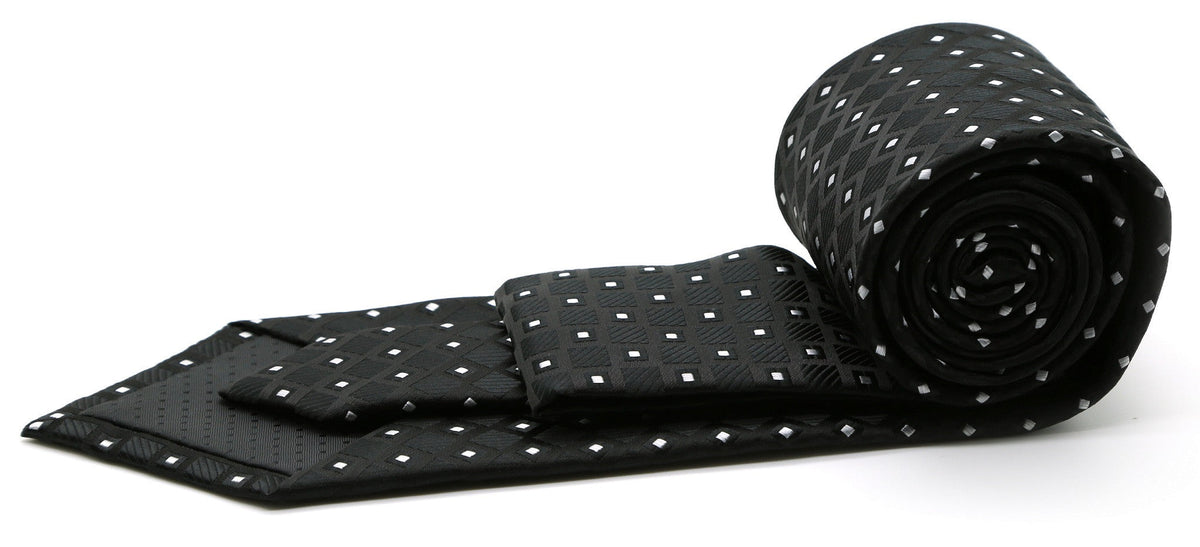 Black checkered diamond tie with small light square pattern, rolled and folded.