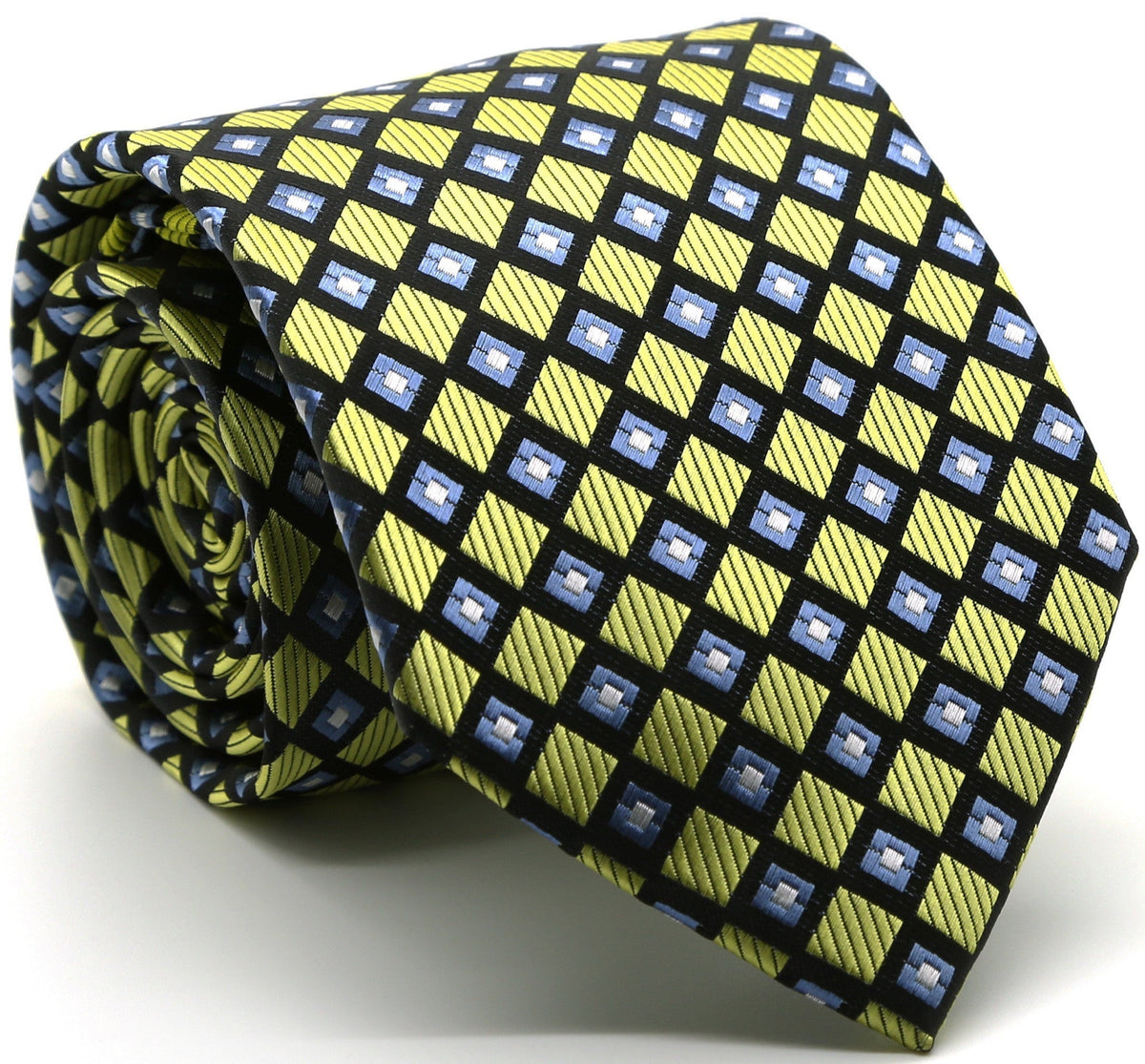 Lawn green-and-navy checkered diamond tie with small white square accents, rolled.