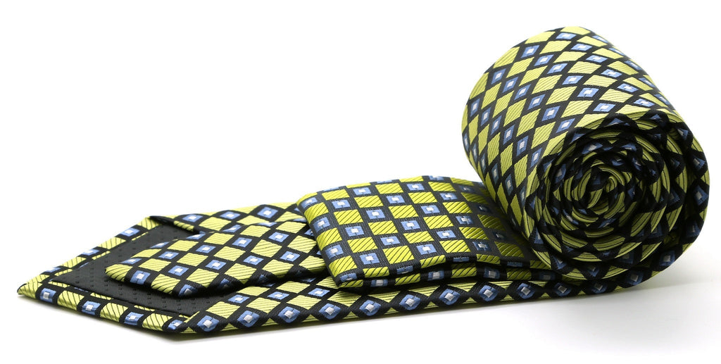 Yellow-and-navy checkered diamond tie with white squares, rolled for display.
