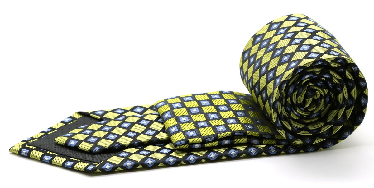 Yellow-and-navy checkered diamond tie with white squares, rolled for display.