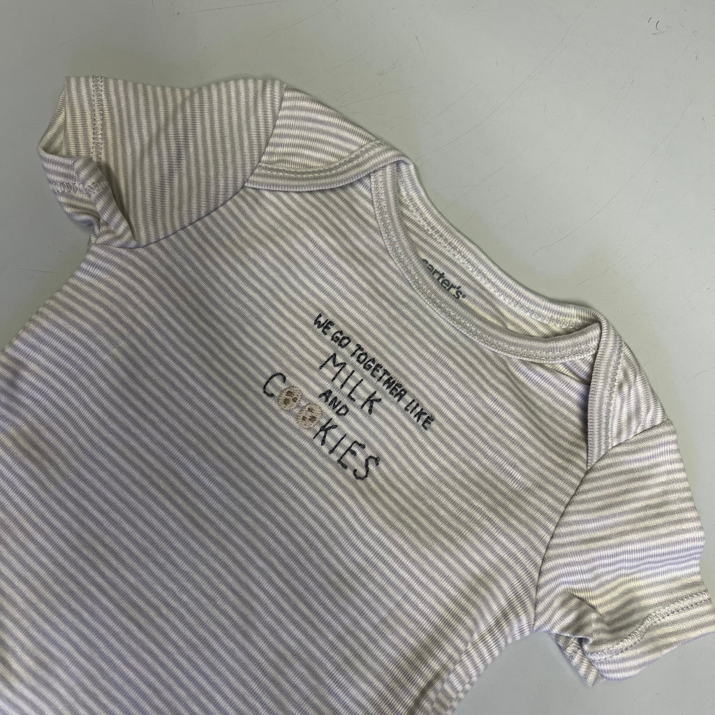 Baby cotton striped bodysuit close-up of chest graphic and crew neckline