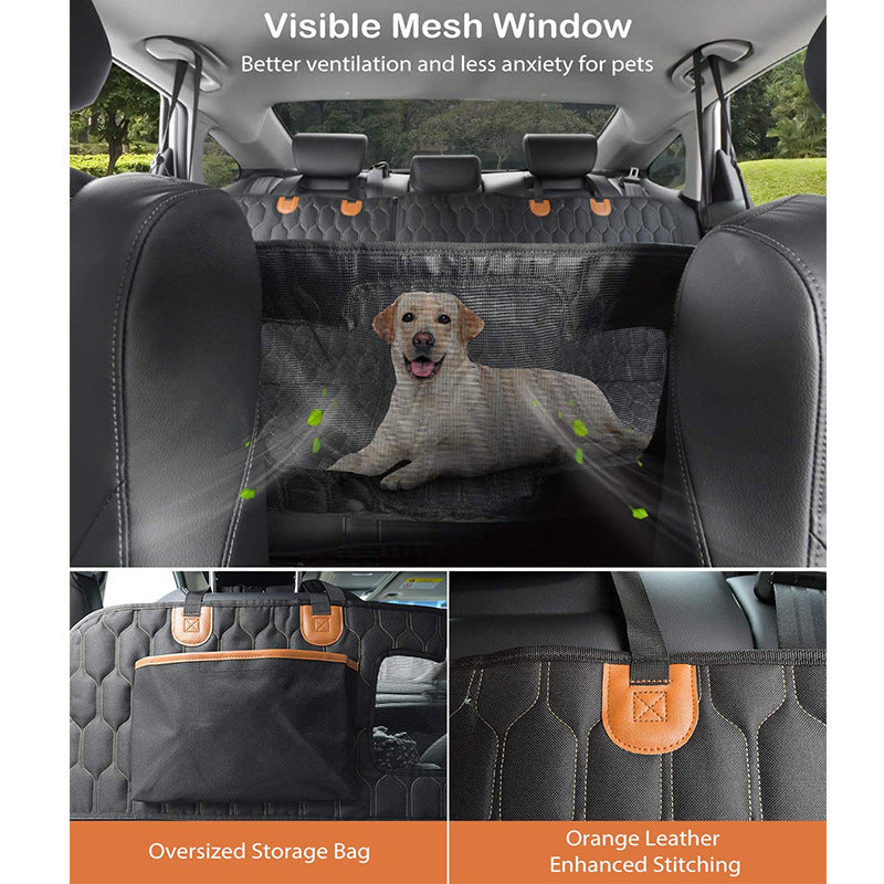 Black pet car hammock with mesh window, orange stitching, and storage compartments