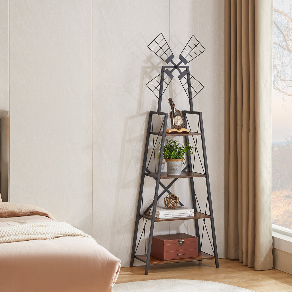 Tall narrow 4-tier bookcase, black metal frame with rustic brown wooden shelves