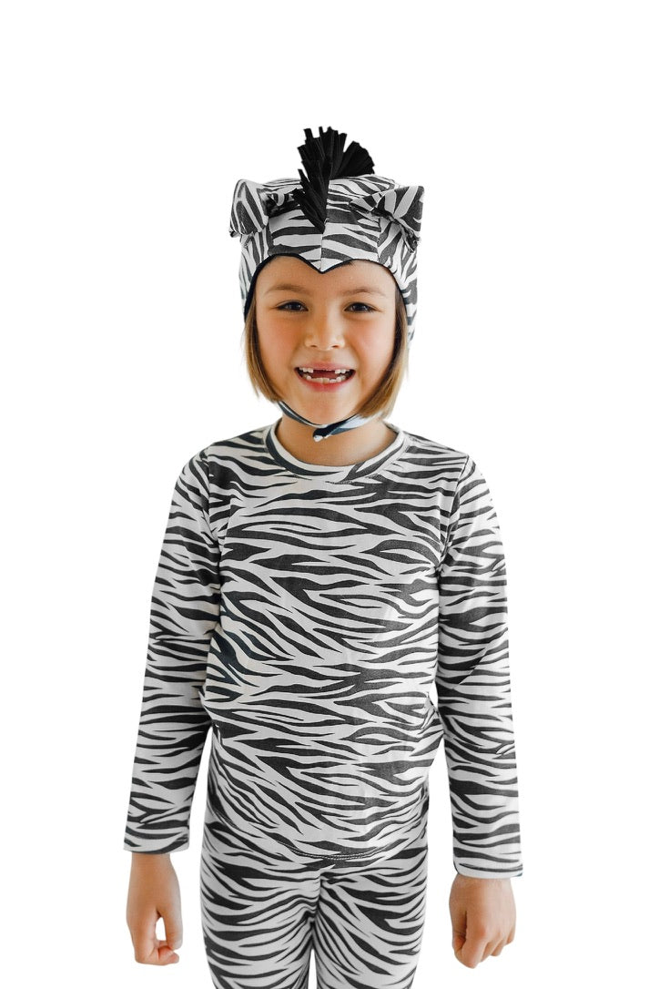 Kids zebra-print jumpsuit with long sleeves and matching headband with black tuft