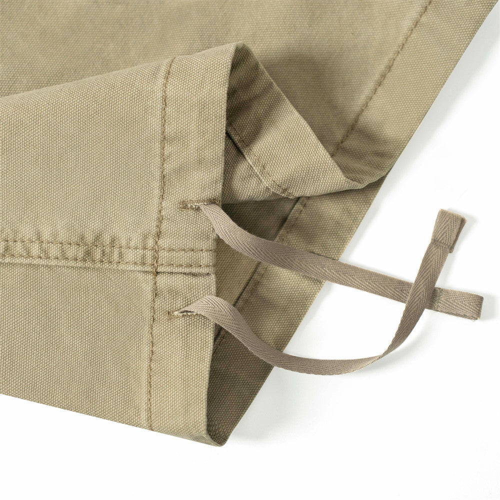 Khaki straight-leg pants hem with drawstring ties and stitched cuff