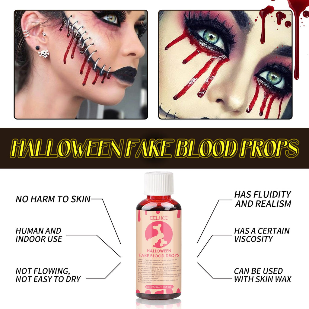 Close-up fake blood makeup on face and eye area with red streaks