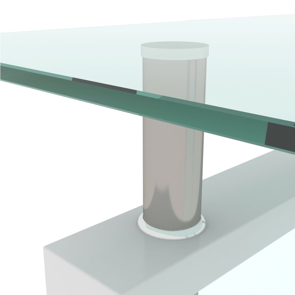 White coffee table with clear glass top and central round pedestal-style leg