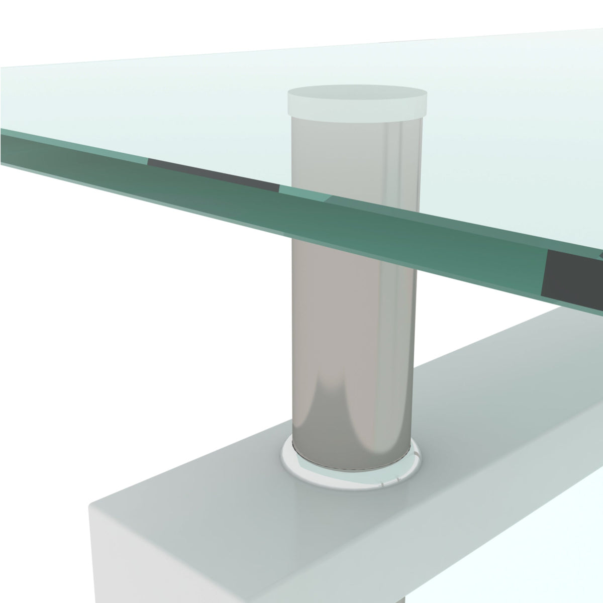 White coffee table with clear glass top and central round pedestal-style leg