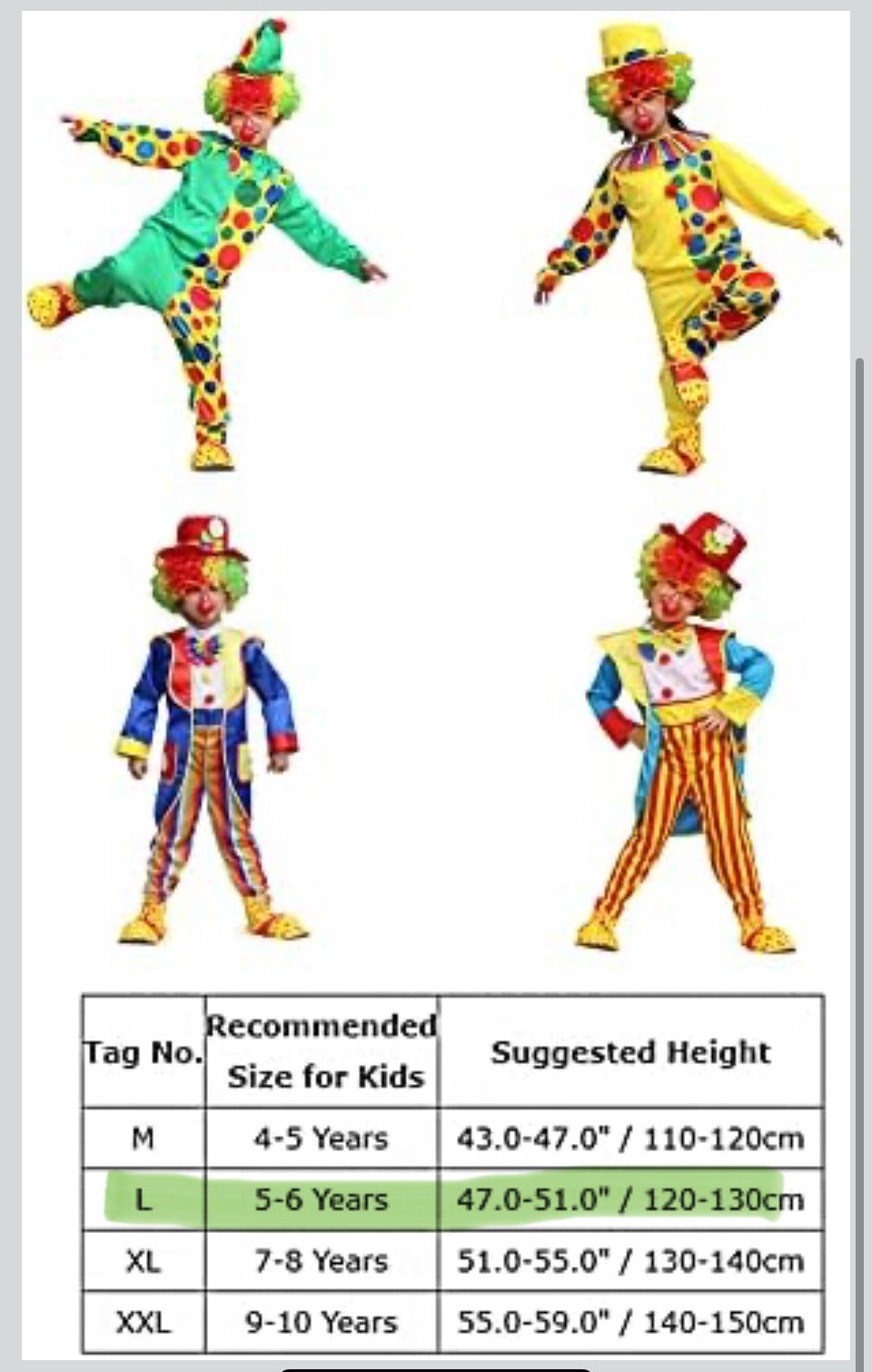 Kids clown costume set with green and yellow polka-dot jumpsuit and jester hat