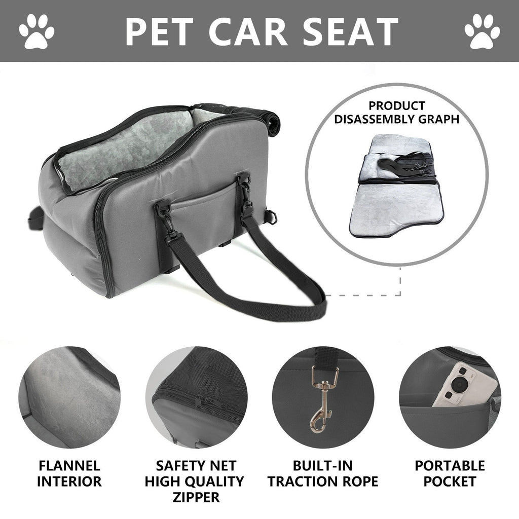 Grey portable pet car seat cushion with top mesh roll and carrying strap
