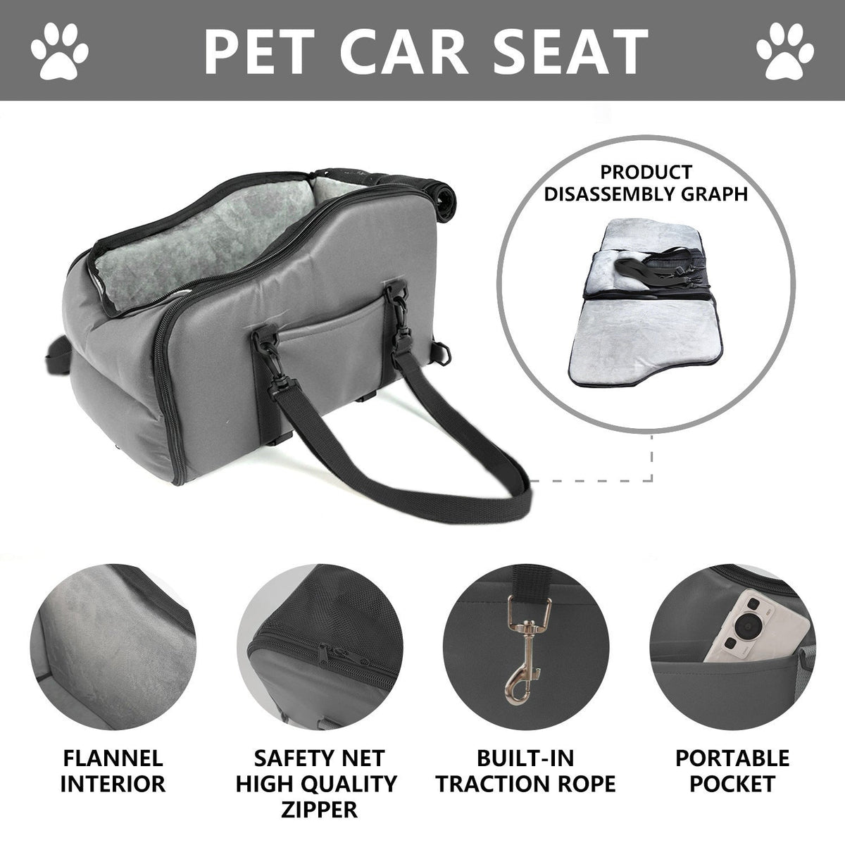 Grey portable pet car seat cushion with top mesh roll and carrying strap