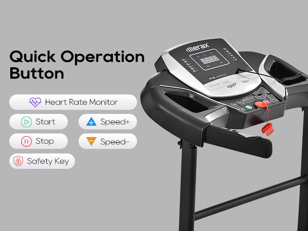 Black treadmill control console with heart rate monitor and speed buttons