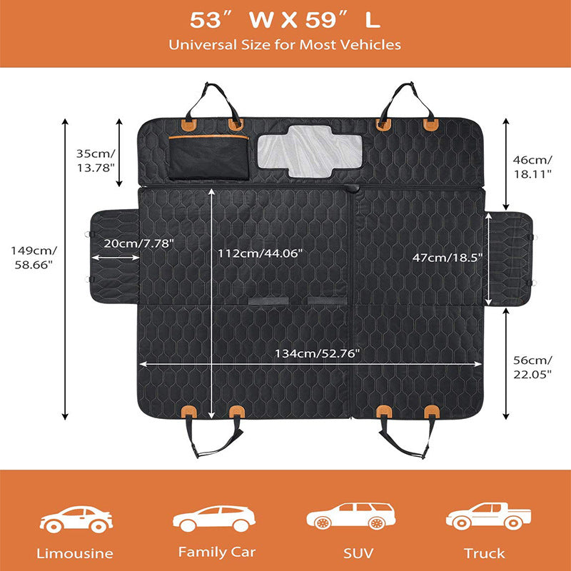 Black four-panel trunk seat cushion with straps and honeycomb quilting