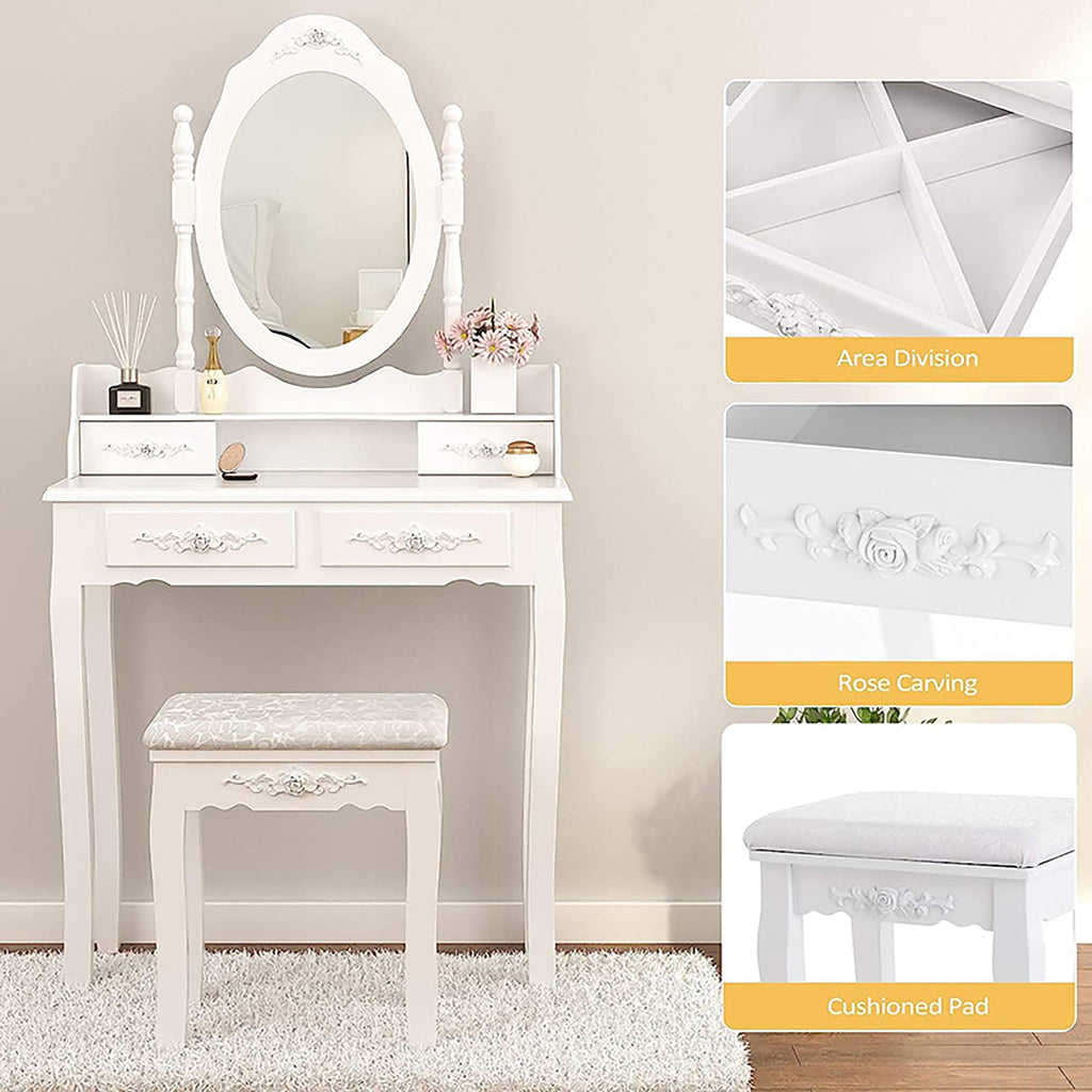 White vanity table with oval mirror and cushioned stool, with drawer storage underneath
