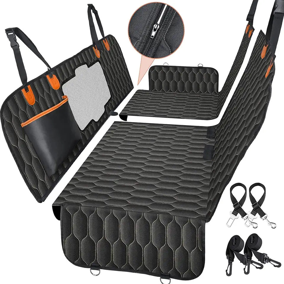 Black quilted pet car seat cushion set with side panels, zippers, and orange straps