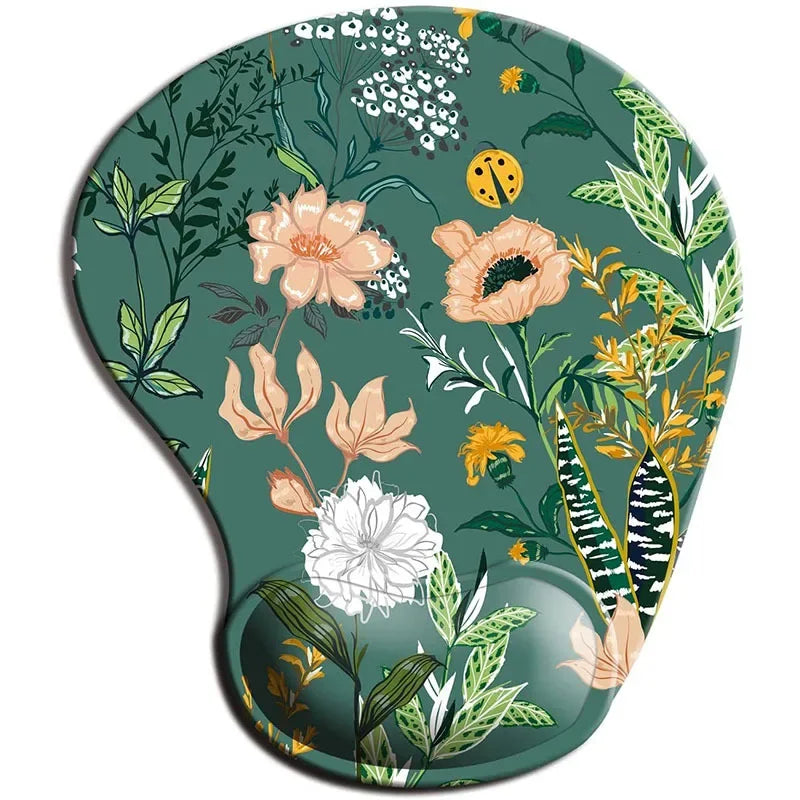 Ergonomic mouse pad with wrist rest, green floral botanical print with peach accents