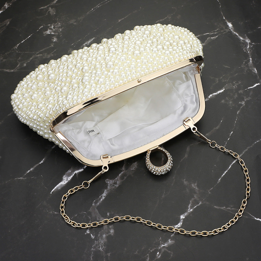Pearl bead clutch with hinged opening and chain strap; interior light satin lining