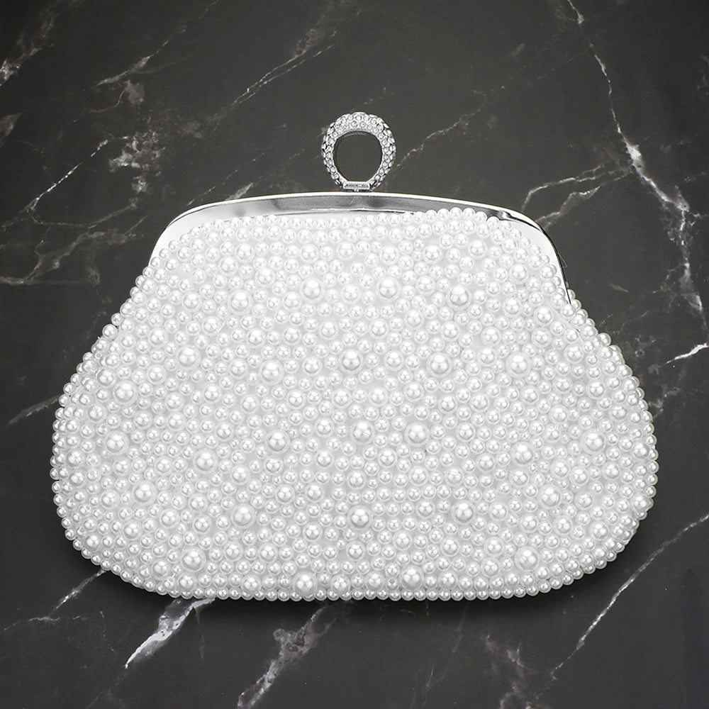 Pearl-embellished satin clutch with all-over bead look and round jeweled clasp frame, silver-tone