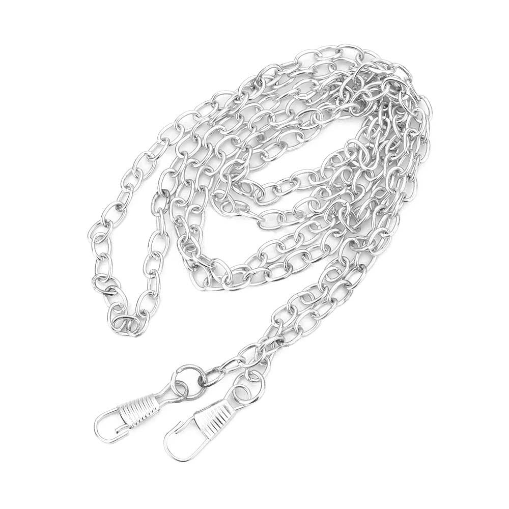 Silver-tone metal chain strap with spring clasp and lobster hardware, decorative link design