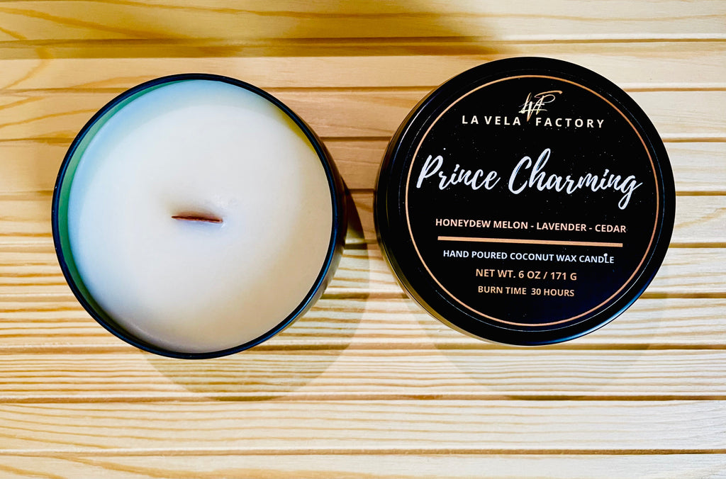Cream wax wood wick candle with Prince Charming label in round tin