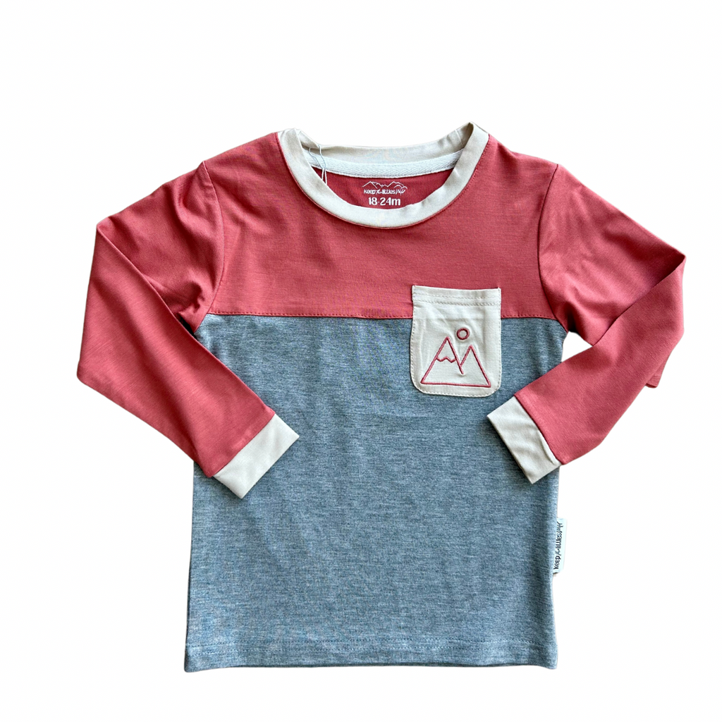 Bamboo long-sleeve color-block shirt, pink sleeves, gray body, patch pocket, 18-24m