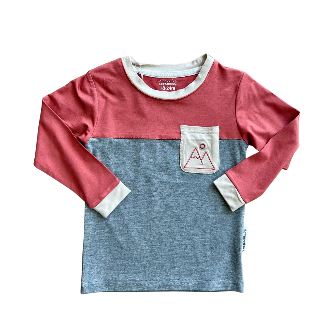 Bamboo long-sleeve color-block shirt, pink sleeves, gray body, patch pocket, 18-24m