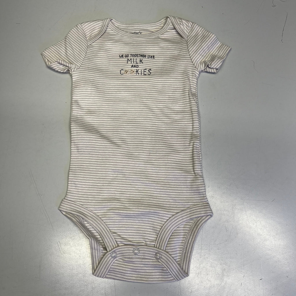 Baby cotton striped short-sleeve bodysuit with “milk and cookies” graphic text