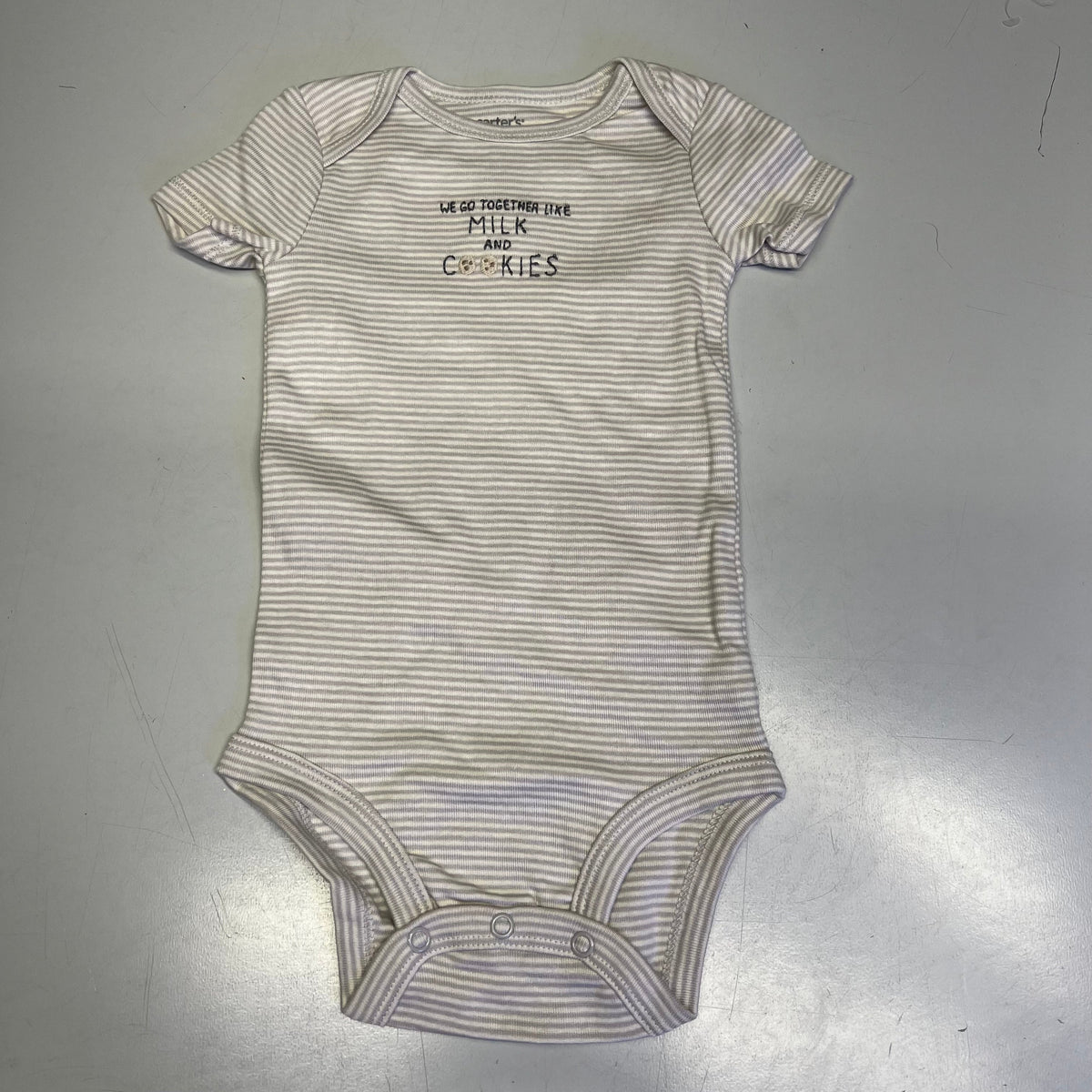 Baby cotton striped short-sleeve bodysuit with “milk and cookies” graphic text