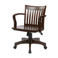 Espresso wood bankers chair with slatted back, curved arms, wooden seat, swivel base, and casters
