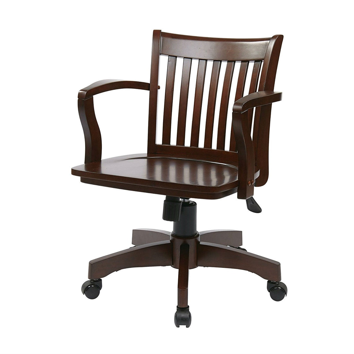 Espresso wood bankers chair with slatted back, curved arms, wooden seat, swivel base, and casters