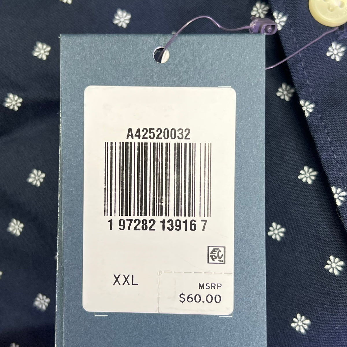 Men's navy blue daisy-pattern button-up shirt, size XXL, with price tag
