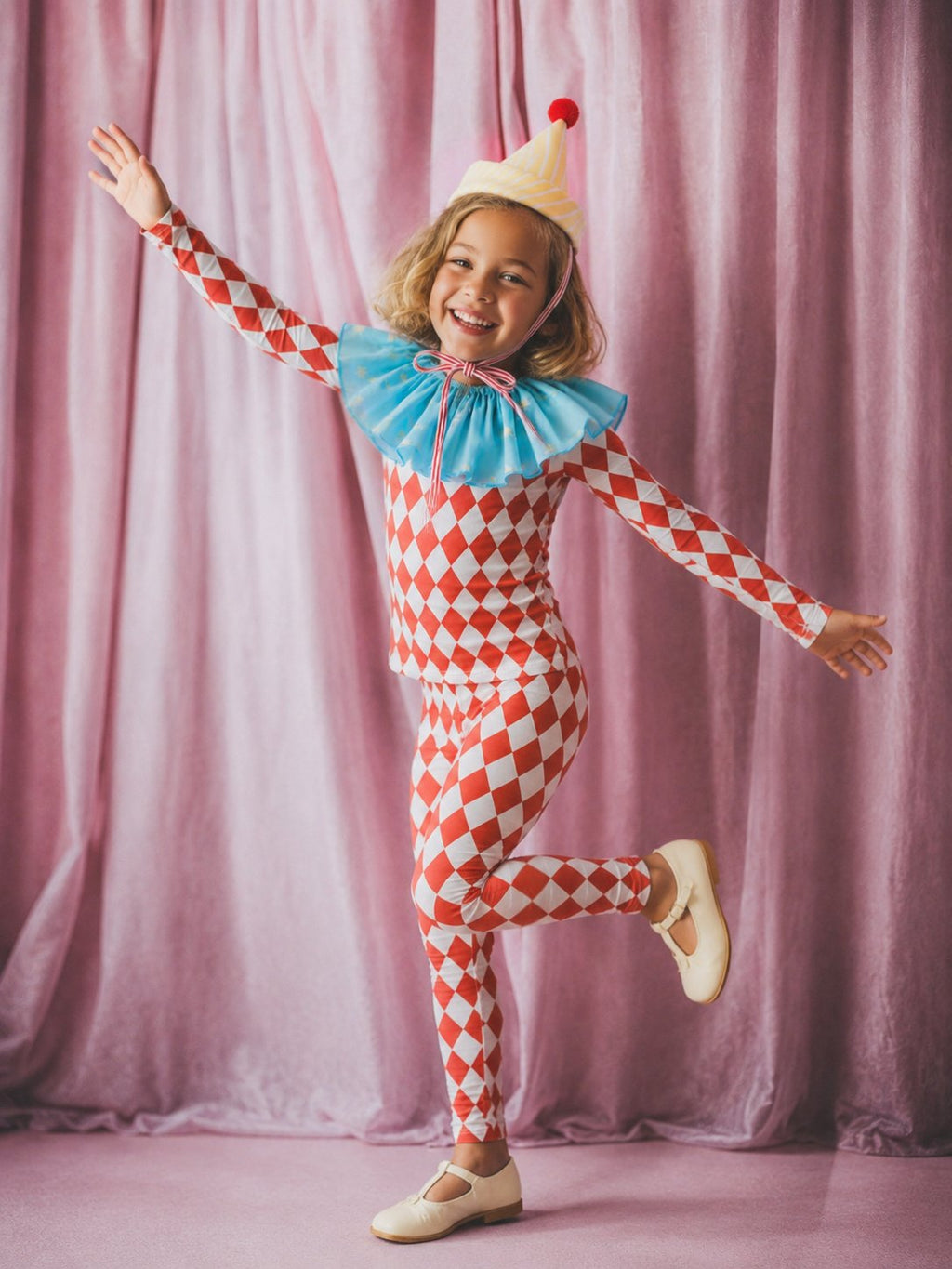 Kids clown Halloween costume: red diamond jumpsuit, light blue ruffled collar, striped cone hat